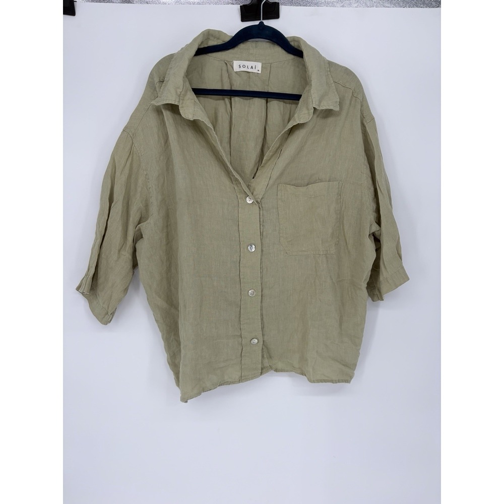 Solai 100% Linen Green Lightweight Breathable Button-Up Shirt Women Size M